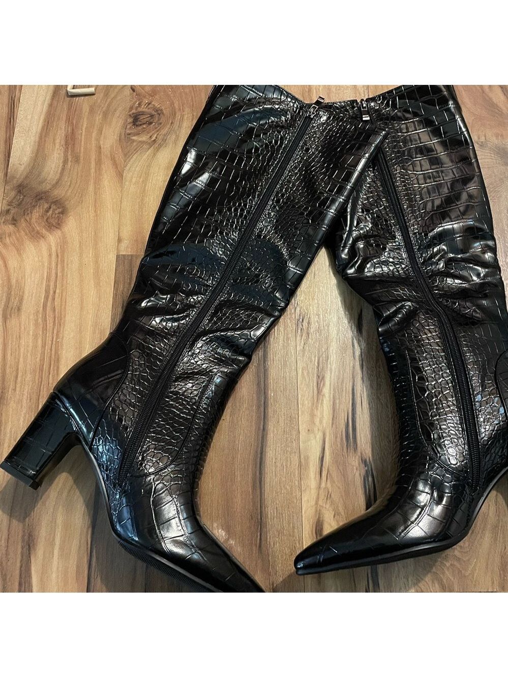 Women's Black Croc-Embossed Knee Boots - Picture 9 of 17